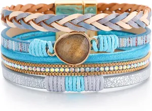 Bohemian Leather Bracelets for Women, Love Cuff Bracelets Black Moonstone Wrap Bracelets Boho Bangle Bracelets for Women Handmade Wristbands Jewelry Gifts