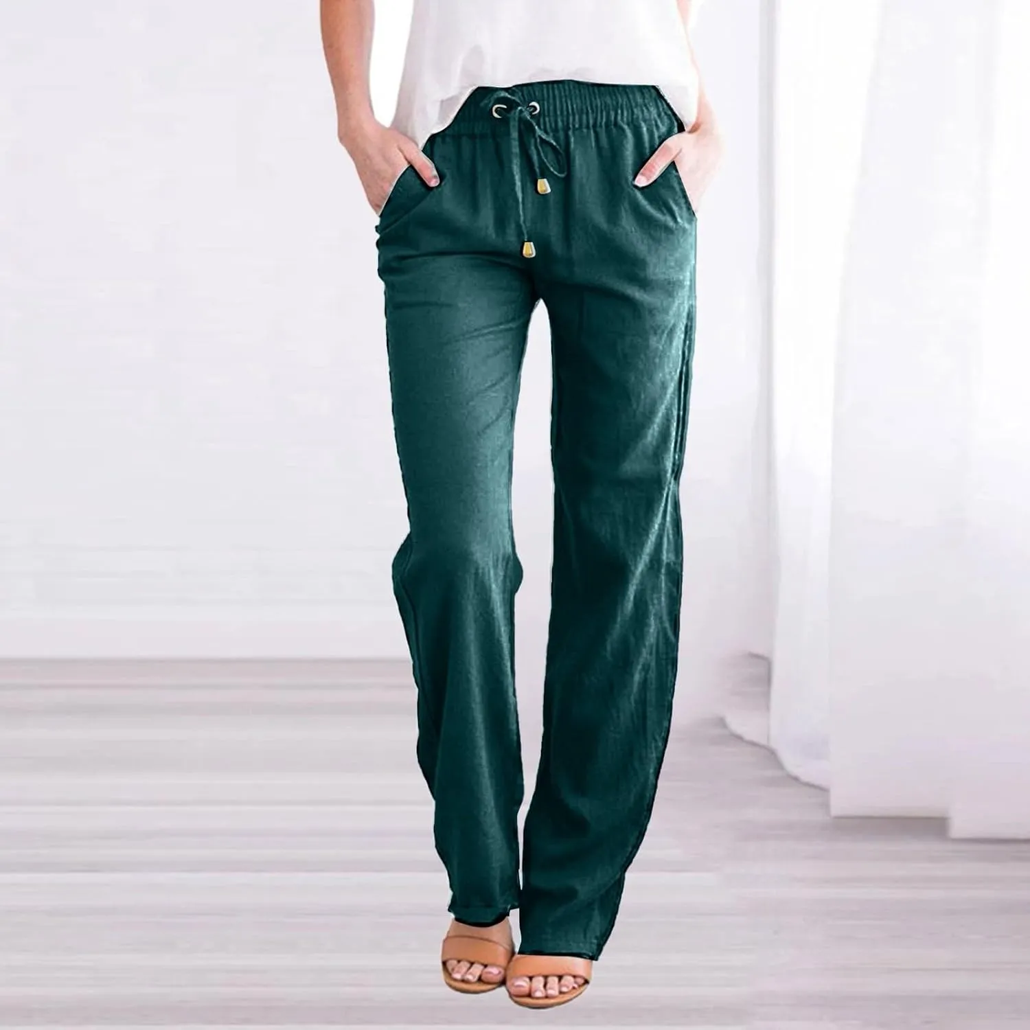 Bootcut Jeans for Women Winter Flowing Work Thermal with Pockets Solid Color Elastic Waist