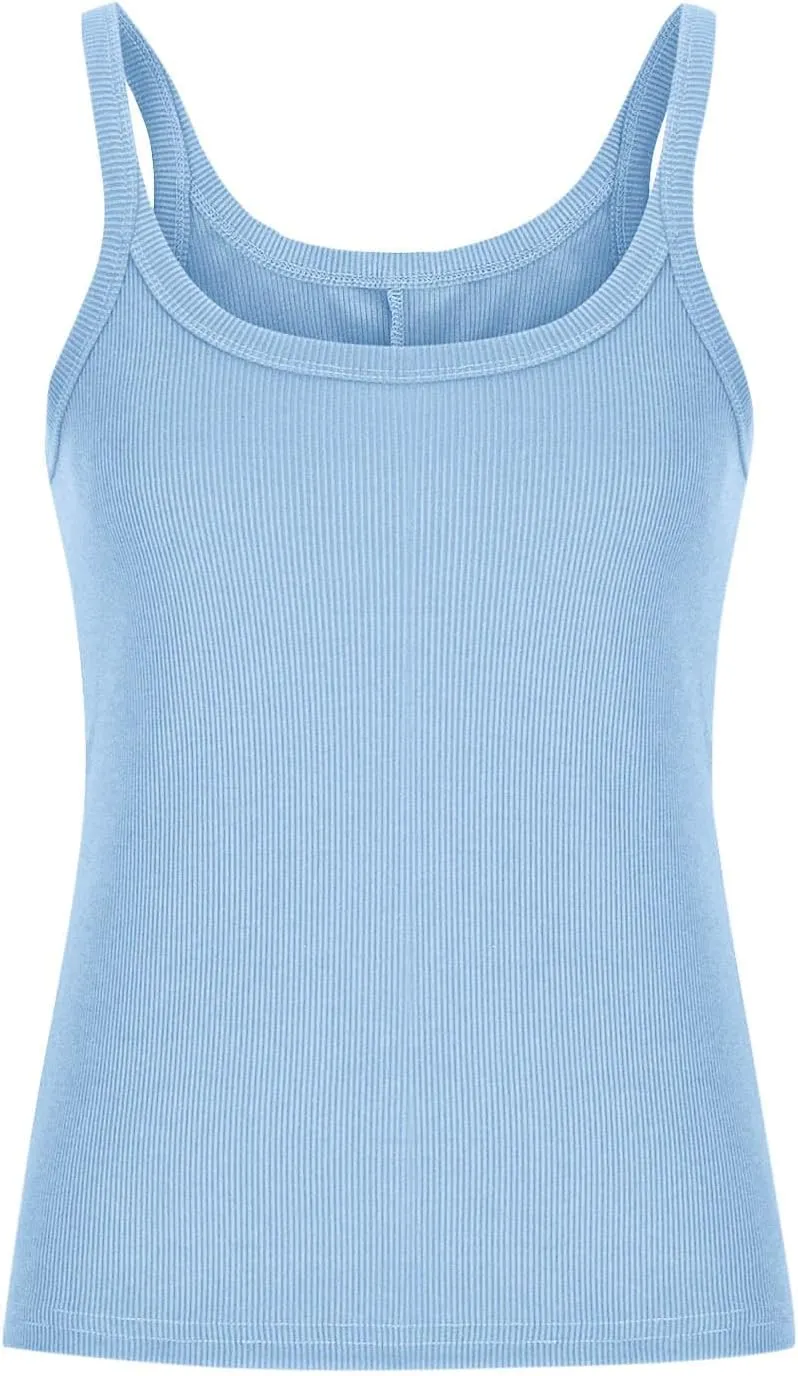Borniu Women's Scoop Neck Sleeveless Knit Ribbed Fitted Casual Crop Tank Top Solid Color Lightweight Summer Breathable Tee
