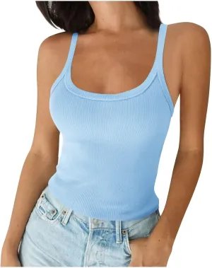 Borniu Women's Scoop Neck Sleeveless Knit Ribbed Fitted Casual Crop Tank Top Solid Color Lightweight Summer Breathable Tee