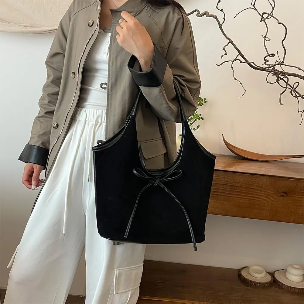 Bow Suede Tote Bag for Women Brown Suede Bucket Tote Bag Burgundy Suede Work Tote Bag with Bow