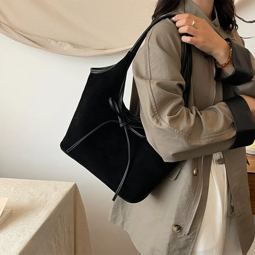 Bow Suede Tote Bag for Women Brown Suede Bucket Tote Bag Burgundy Suede Work Tote Bag with Bow