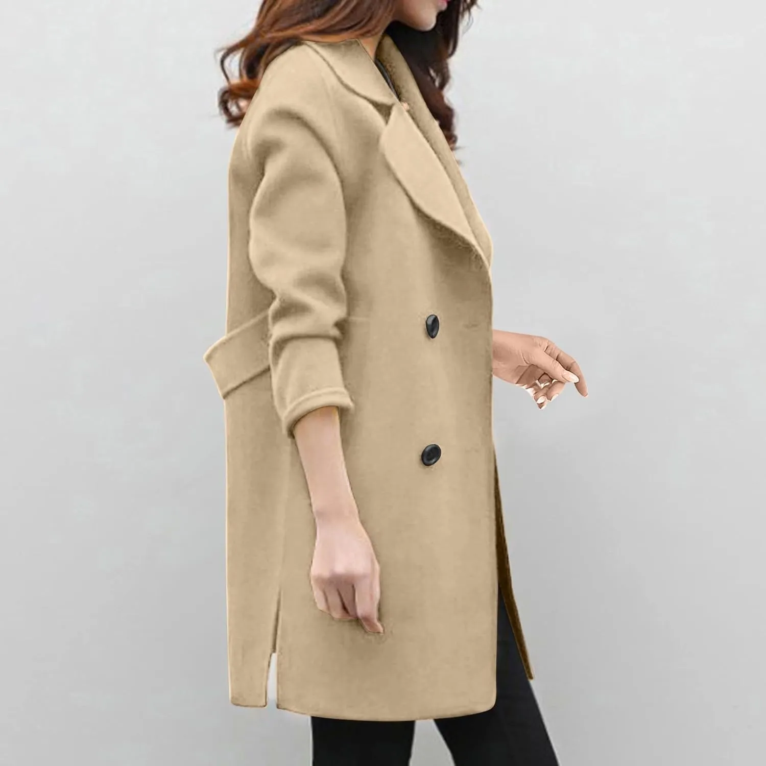 BOXIACEY Pea Coats for Women Wool Blend Winter Coat Double Breasted Trench Coat Elegant Lapel Collar Long Trench Coat