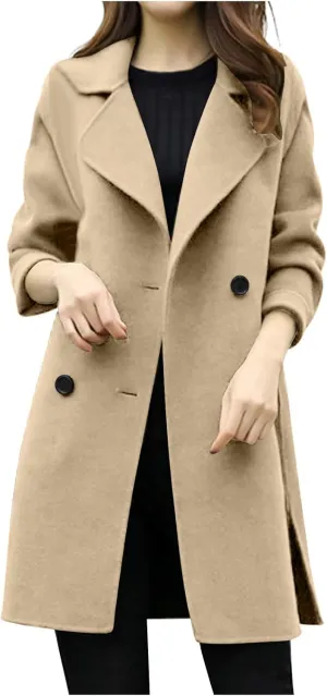 BOXIACEY Pea Coats for Women Wool Blend Winter Coat Double Breasted Trench Coat Elegant Lapel Collar Long Trench Coat