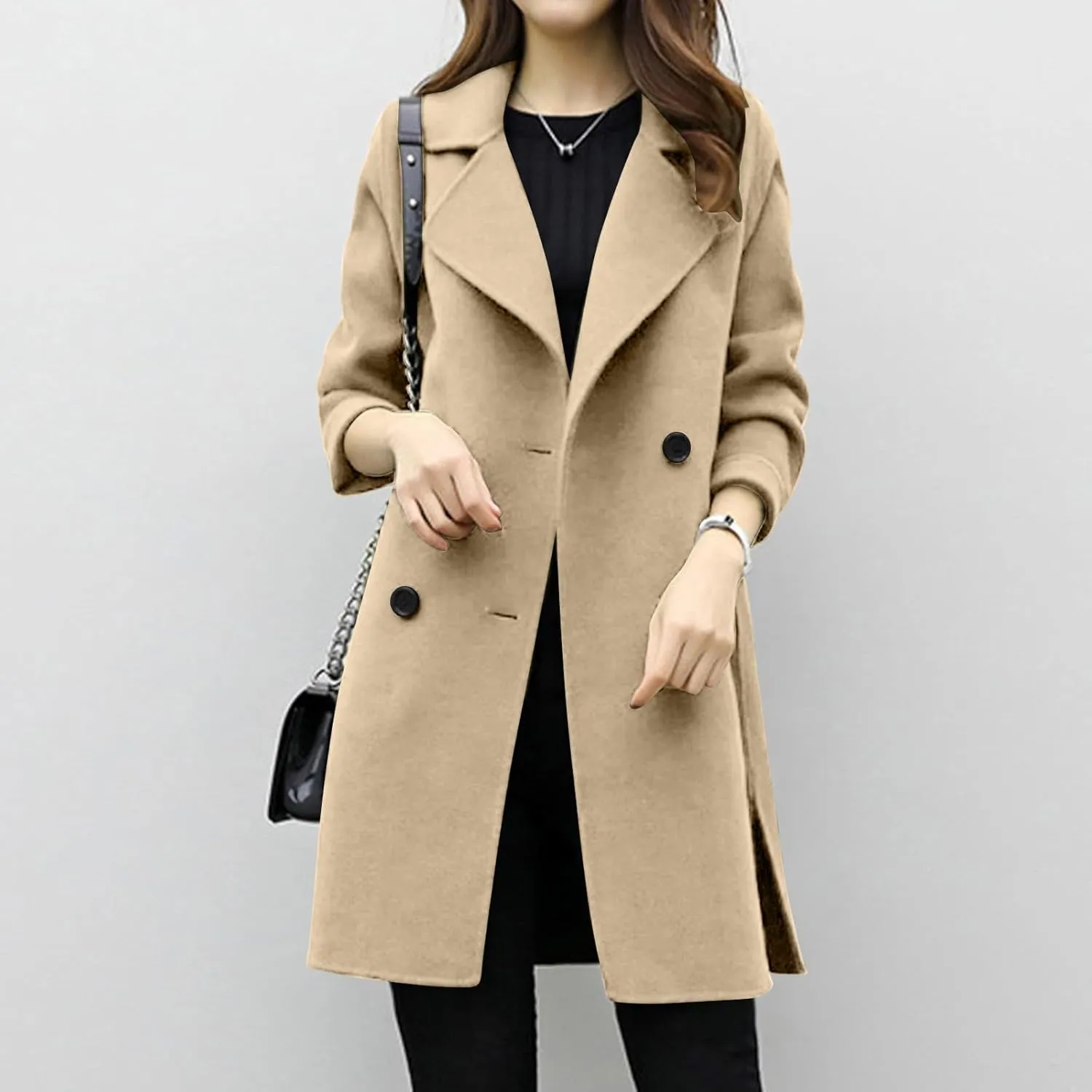 BOXIACEY Pea Coats for Women Wool Blend Winter Coat Double Breasted Trench Coat Elegant Lapel Collar Long Trench Coat