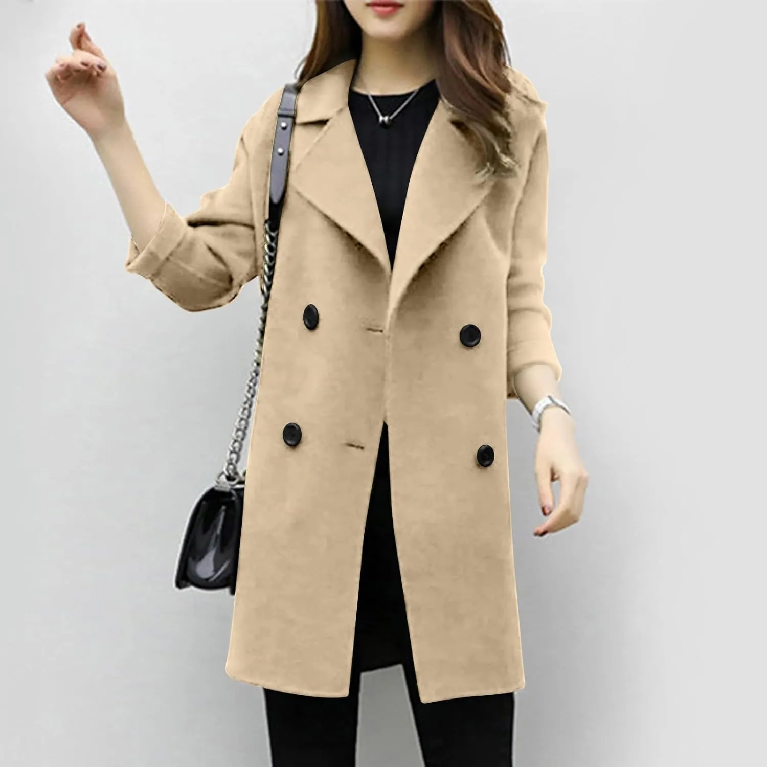 BOXIACEY Pea Coats for Women Wool Blend Winter Coat Double Breasted Trench Coat Elegant Lapel Collar Long Trench Coat