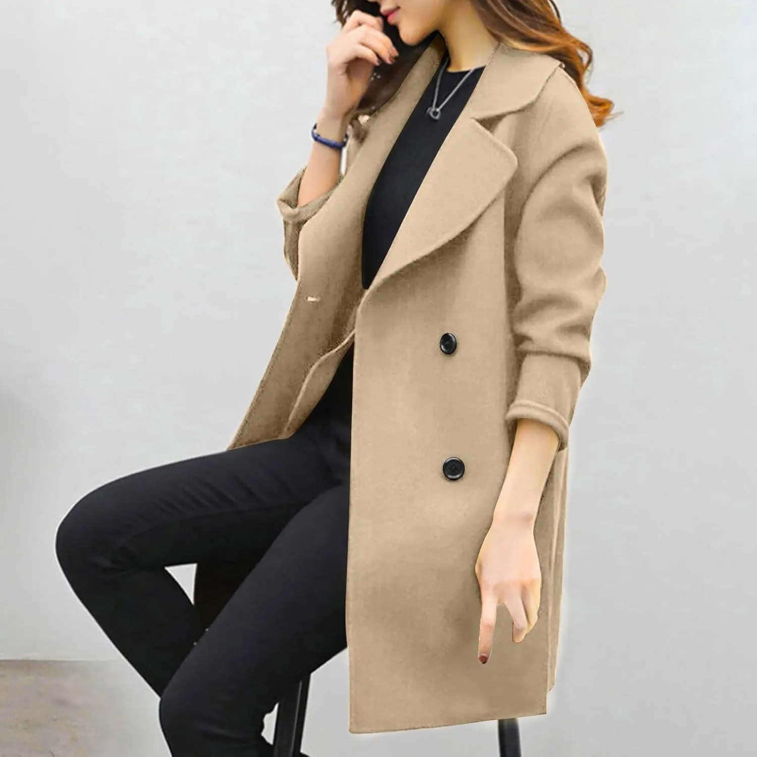 BOXIACEY Pea Coats for Women Wool Blend Winter Coat Double Breasted Trench Coat Elegant Lapel Collar Long Trench Coat