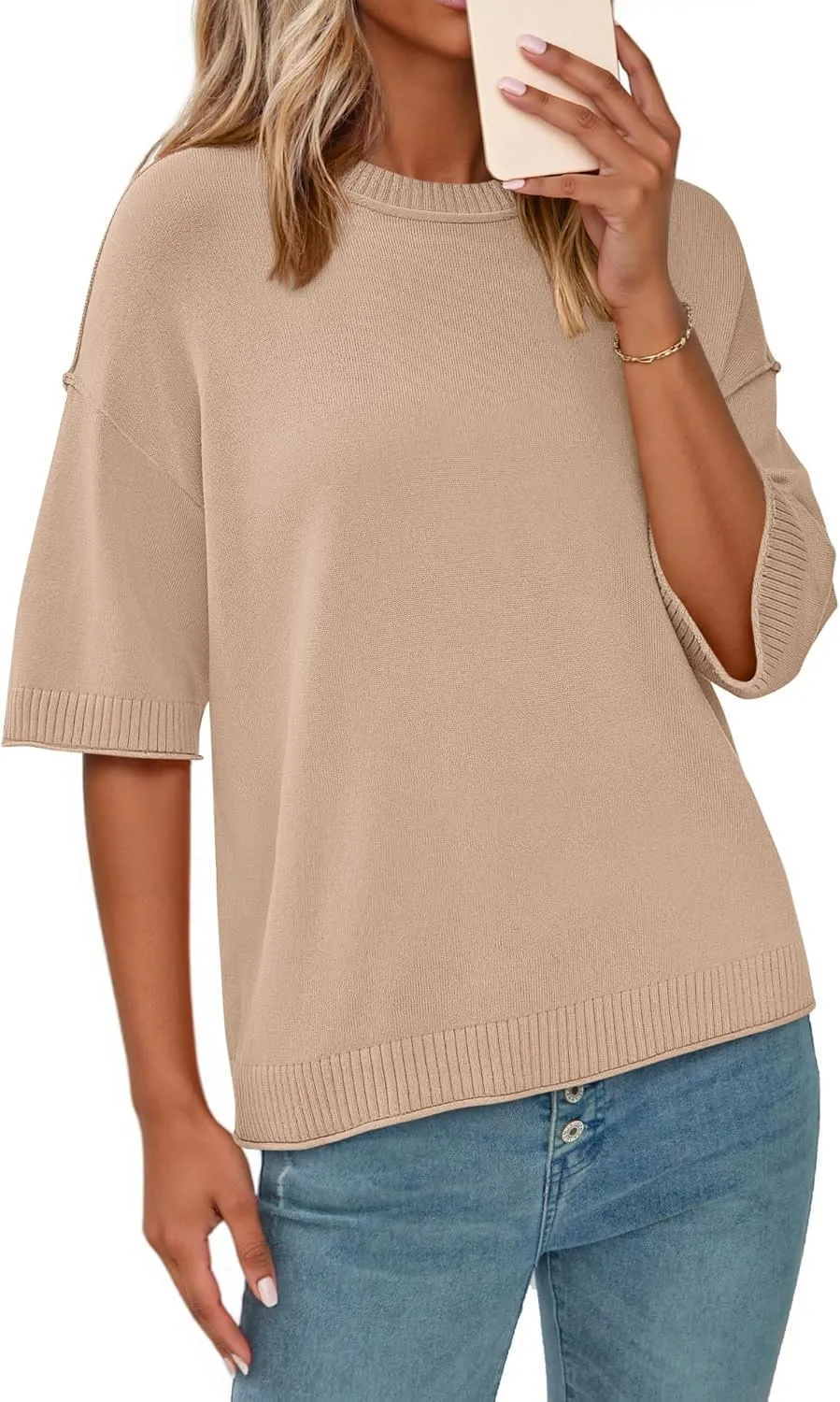 BTFBM Womens Short Sleeve Tops 2025 Summer Casual Crew Neck Oversized Sweater Solid Color Ribbed Knit T Shirts