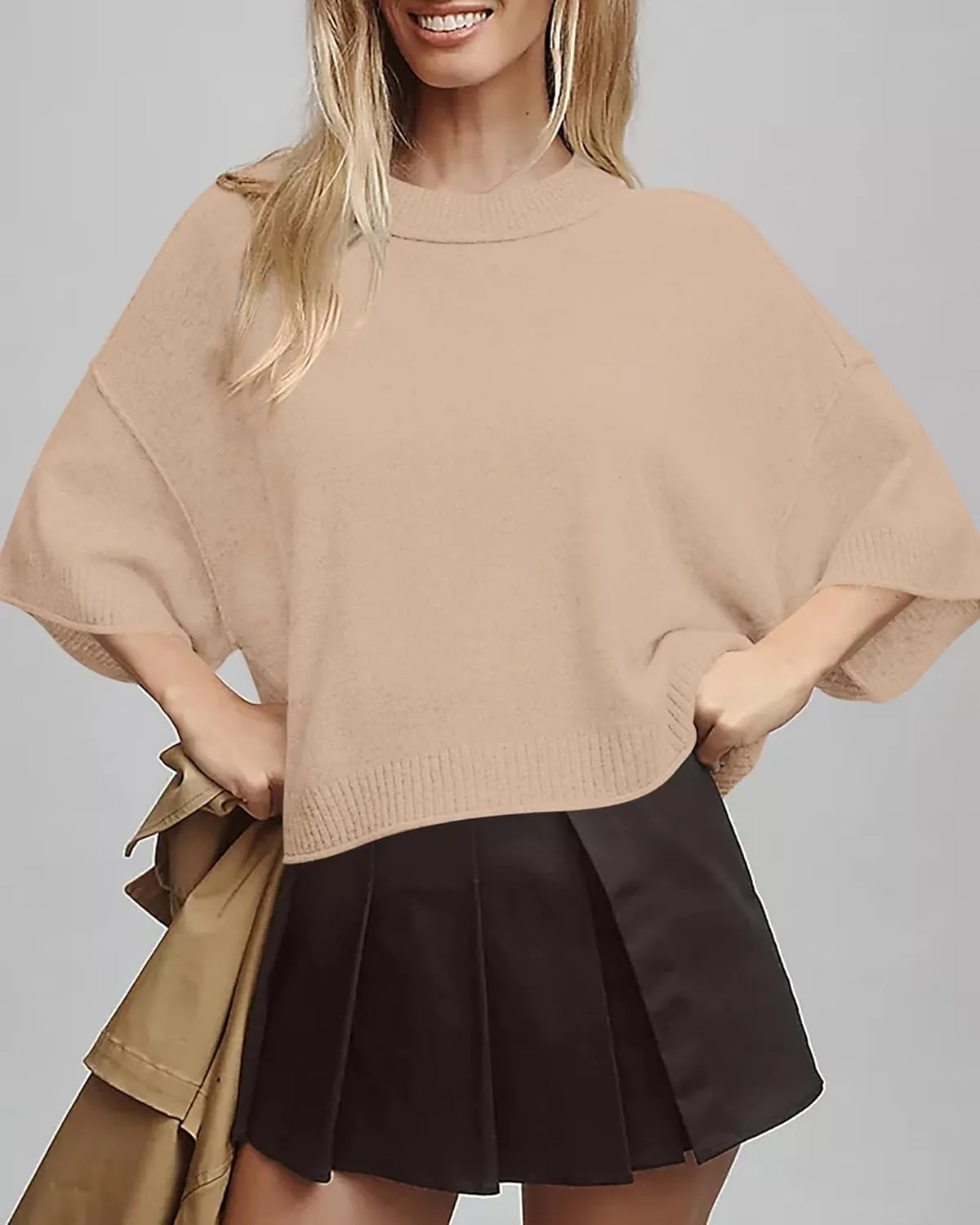 BTFBM Womens Short Sleeve Tops 2025 Summer Casual Crew Neck Oversized Sweater Solid Color Ribbed Knit T Shirts
