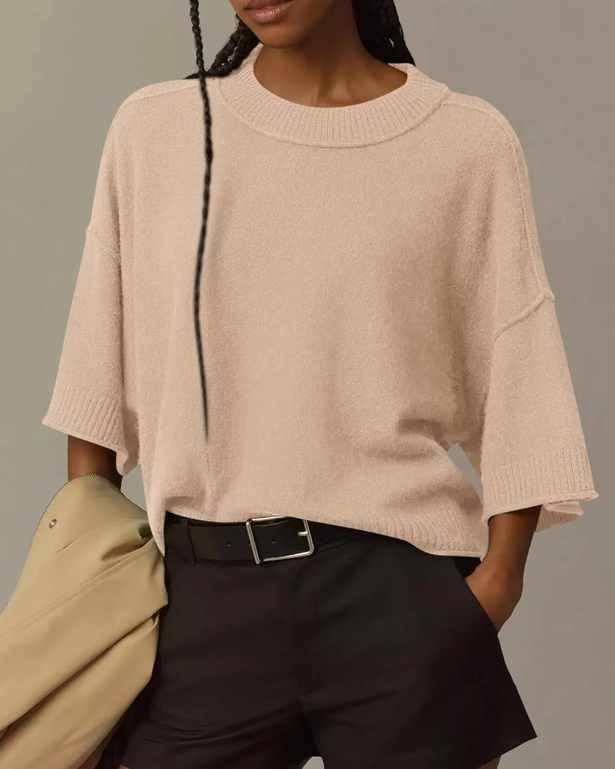 BTFBM Womens Short Sleeve Tops 2025 Summer Casual Crew Neck Oversized Sweater Solid Color Ribbed Knit T Shirts