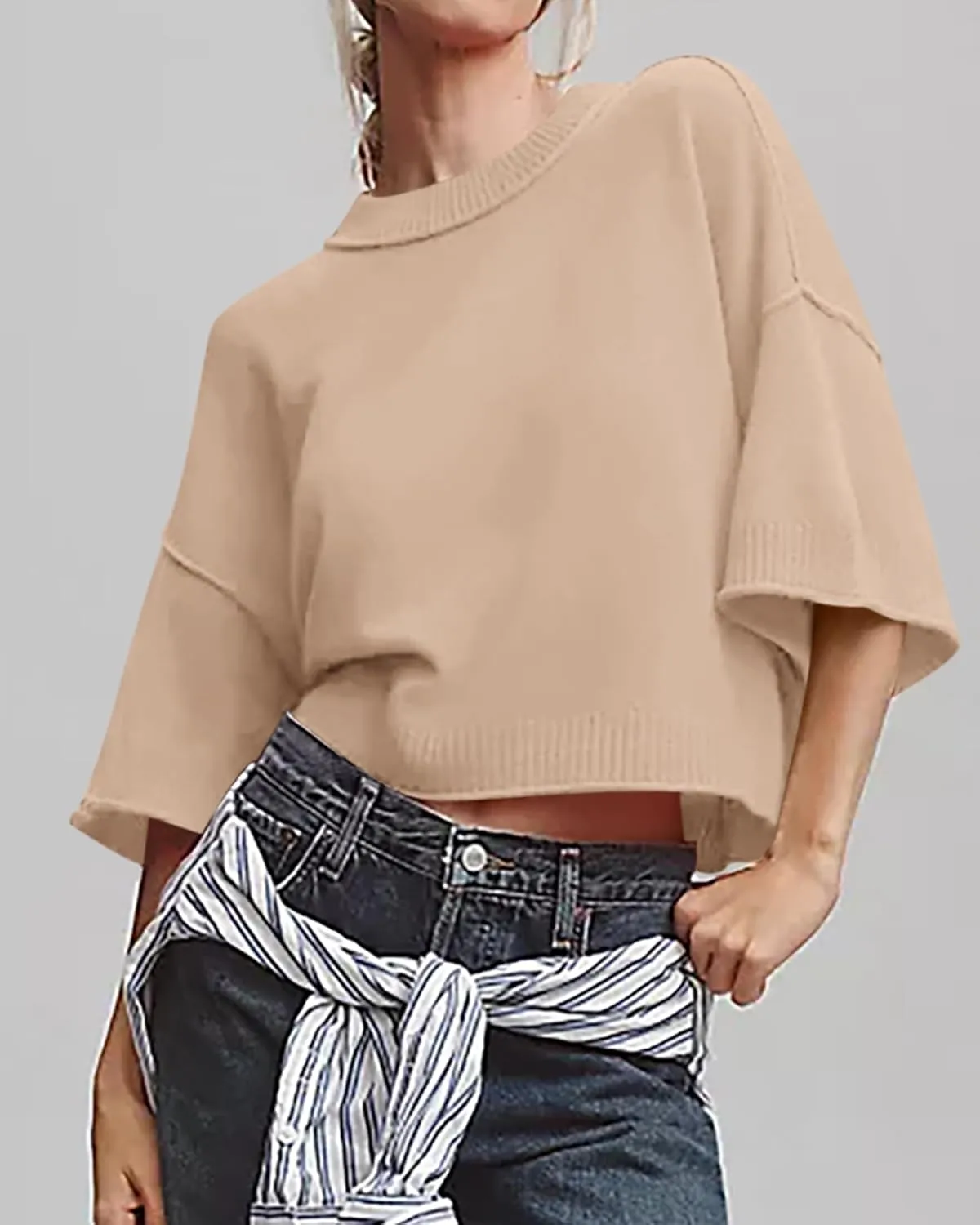 BTFBM Womens Short Sleeve Tops 2025 Summer Casual Crew Neck Oversized Sweater Solid Color Ribbed Knit T Shirts