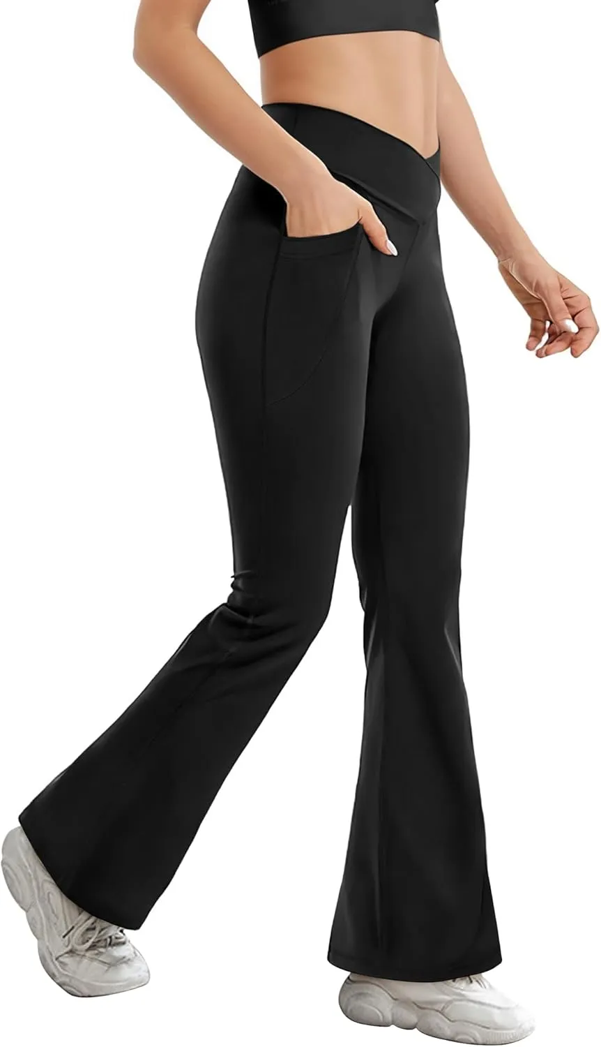 Buauty Black Flare Leggings for Women, High-Waisted Crossover Yoga Flared Pants Bootcut Casual Gym Workout Clothes