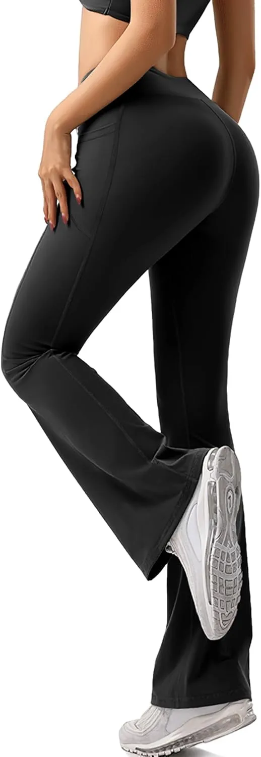Buauty Black Flare Leggings for Women, High-Waisted Crossover Yoga Flared Pants Bootcut Casual Gym Workout Clothes