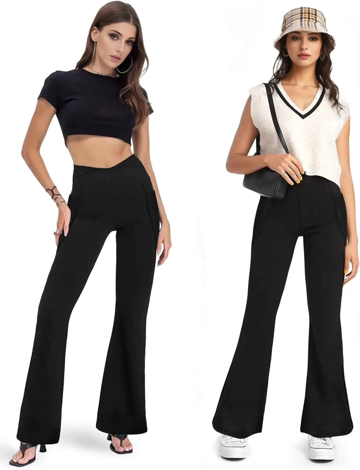 Buauty Black Flare Leggings for Women, High-Waisted Crossover Yoga Flared Pants Bootcut Casual Gym Workout Clothes