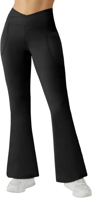Buauty Black Flare Leggings for Women, High-Waisted Crossover Yoga Flared Pants Bootcut Casual Gym Workout Clothes