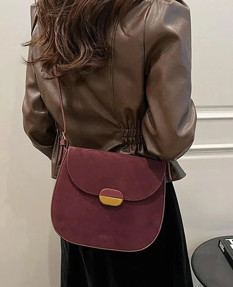 Burgundy Suede Shoulder Bags For Women Brown Suede Purse Small Trendy Wine Crossbody Bag Saddle Suede Satchel Bag