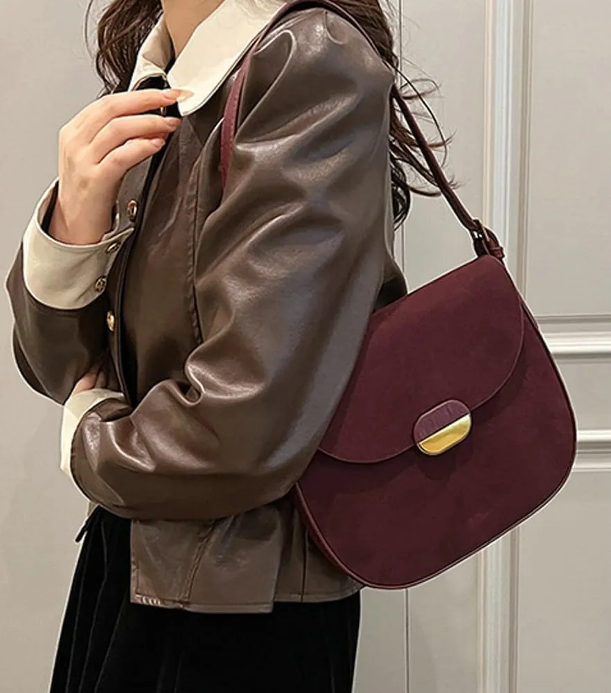 Burgundy Suede Shoulder Bags For Women Brown Suede Purse Small Trendy Wine Crossbody Bag Saddle Suede Satchel Bag