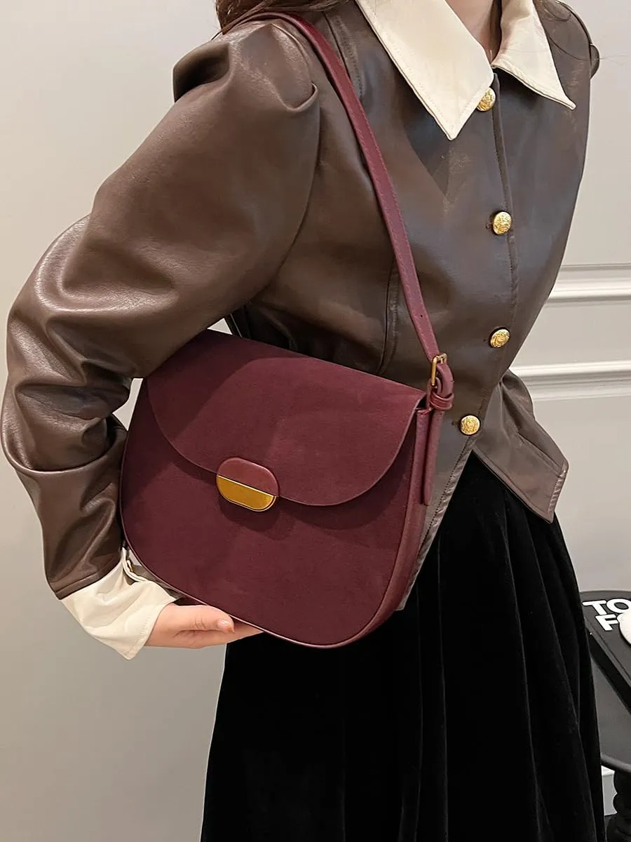 Burgundy Suede Shoulder Bags For Women Brown Suede Purse Small Trendy Wine Crossbody Bag Saddle Suede Satchel Bag