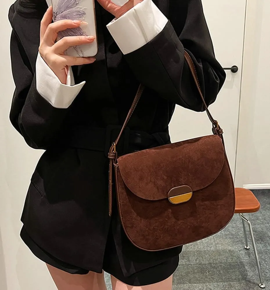 Burgundy Suede Shoulder Bags For Women Brown Suede Purse Small Trendy Wine Crossbody Bag Saddle Suede Satchel Bag