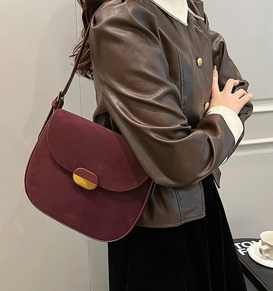 Burgundy Suede Shoulder Bags For Women Brown Suede Purse Small Trendy Wine Crossbody Bag Saddle Suede Satchel Bag