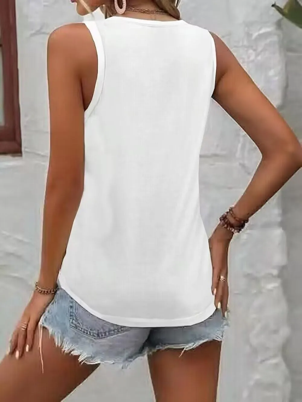 Button Embroidered Eyelet Tank Top Women Summer Tops Casual Country V Neck Tee Shirts Sleeveless Fashion Loose Blouse