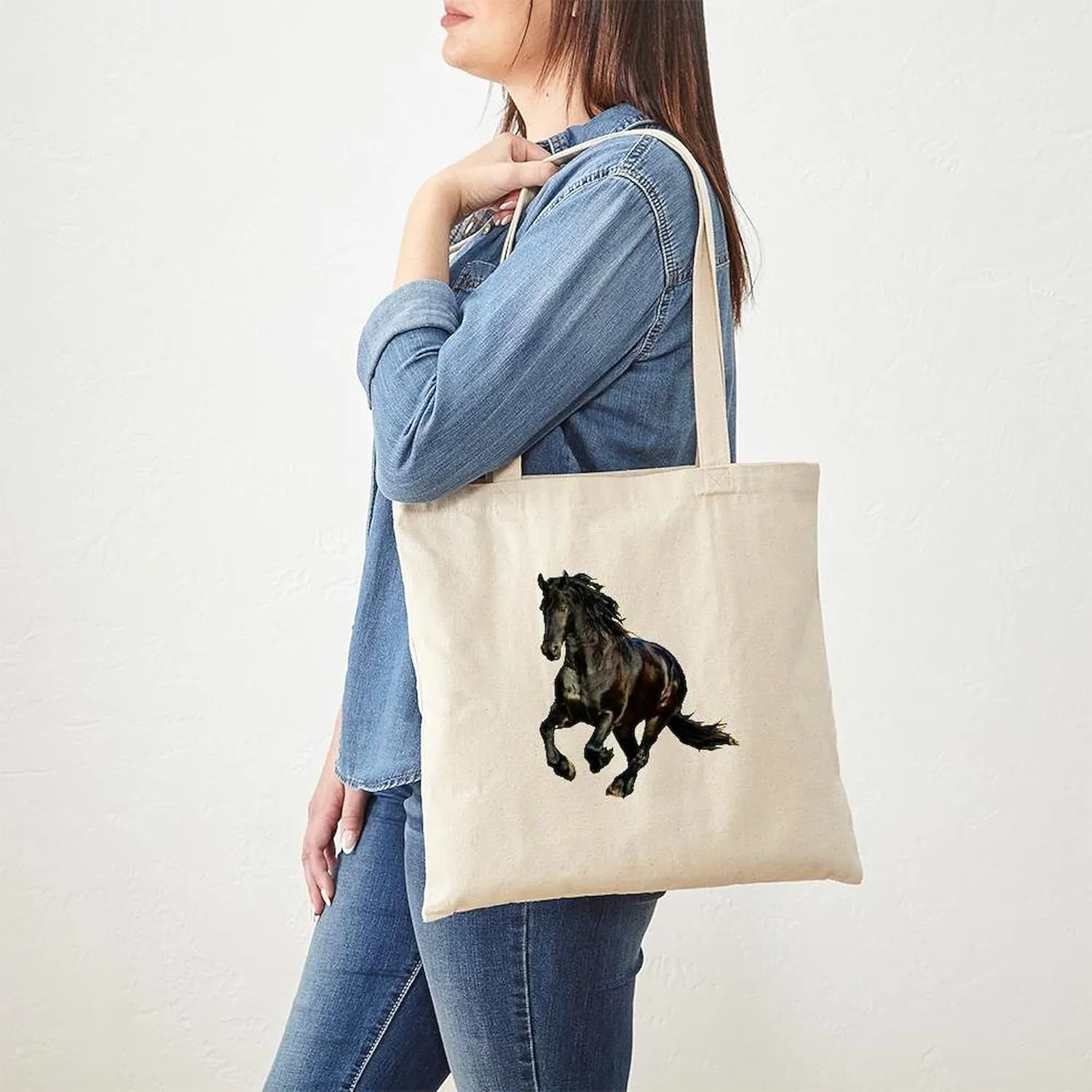 CafePress Black Stallion Horse Tote Bag Reusable Natural Beige Canvas Shopping Bag