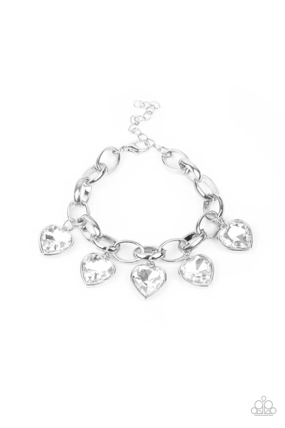 Candy Heart Charmer White Rhinestone Heart Charm Bracelet - Paparazzi Accessories