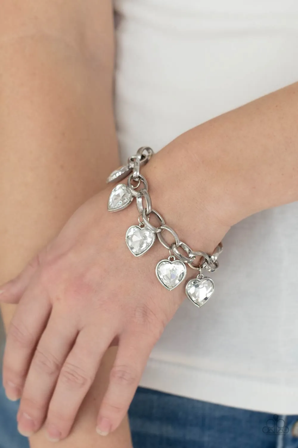 Candy Heart Charmer White Rhinestone Heart Charm Bracelet - Paparazzi Accessories