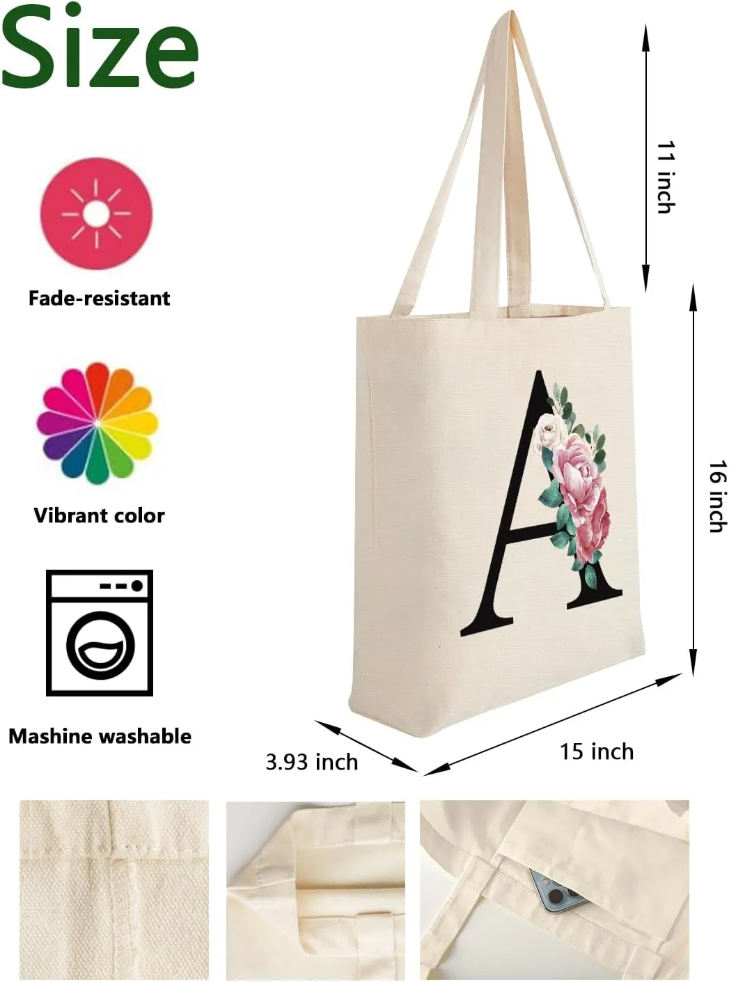 Canvas Tote Bag Aesthetic for Women, Cute Floral Initial Trendy Personalized Reusable Bags Makeup Gift