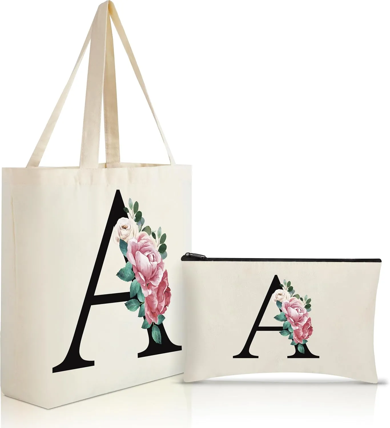 Canvas Tote Bag Aesthetic for Women, Cute Floral Initial Trendy Personalized Reusable Bags Makeup Gift