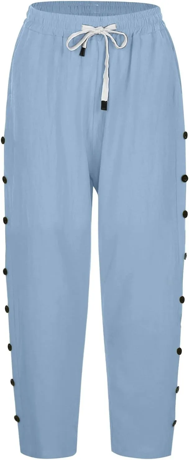 Capri Linen Pants for Women Drawstring Capri Pants with Pockets Wide Leg Cropped Pants for Capri Linen Pants for