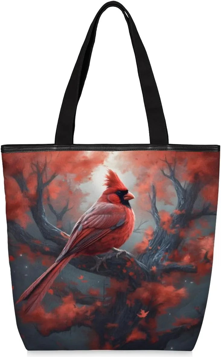 Cardinal Bird Tree Canvas Tote Bag for Women Large Tote Bag with Zipper & Pockets Canvas Beach Bag Shoulder Bag Reusable Shopping Bags Cute Tote Bags for Work Travel
