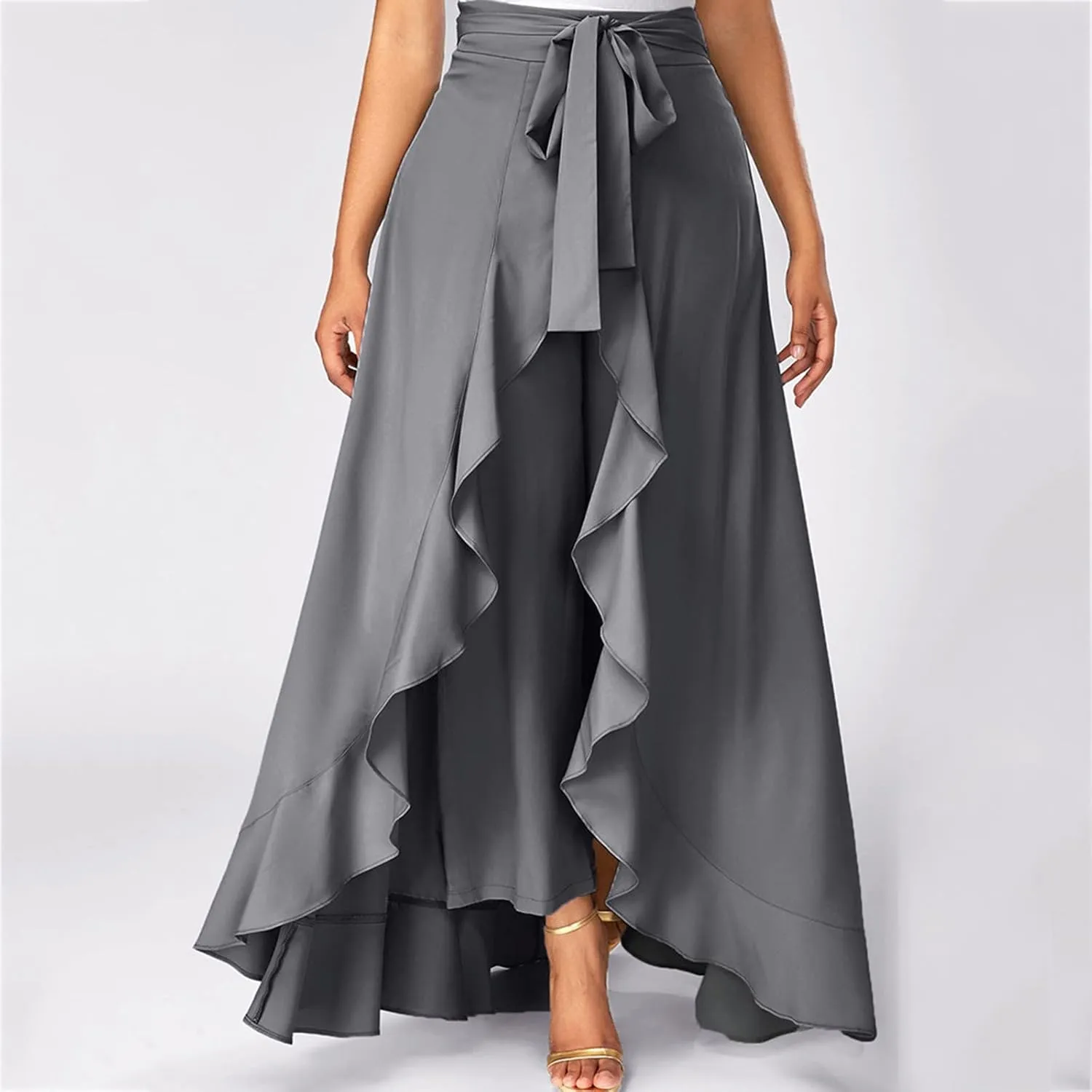 Casual Skirts for Women's Plus Size Solid Long Skirts Casual High Waisted Flare Hem High Waist Midi Bow Pleated Skirt