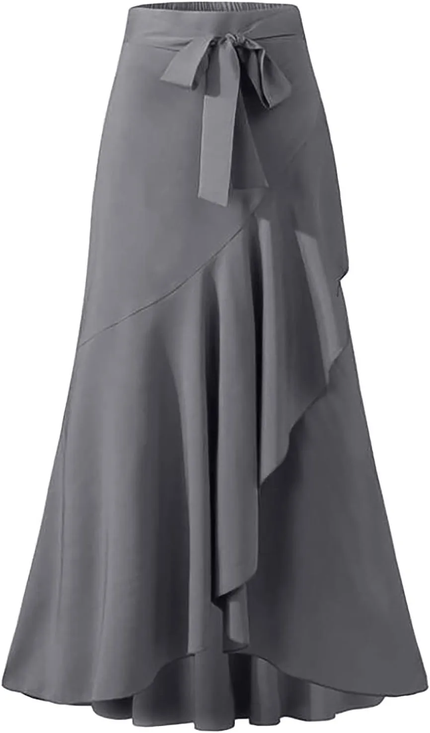 Casual Skirts for Women's Plus Size Solid Long Skirts Casual High Waisted Flare Hem High Waist Midi Bow Pleated Skirt
