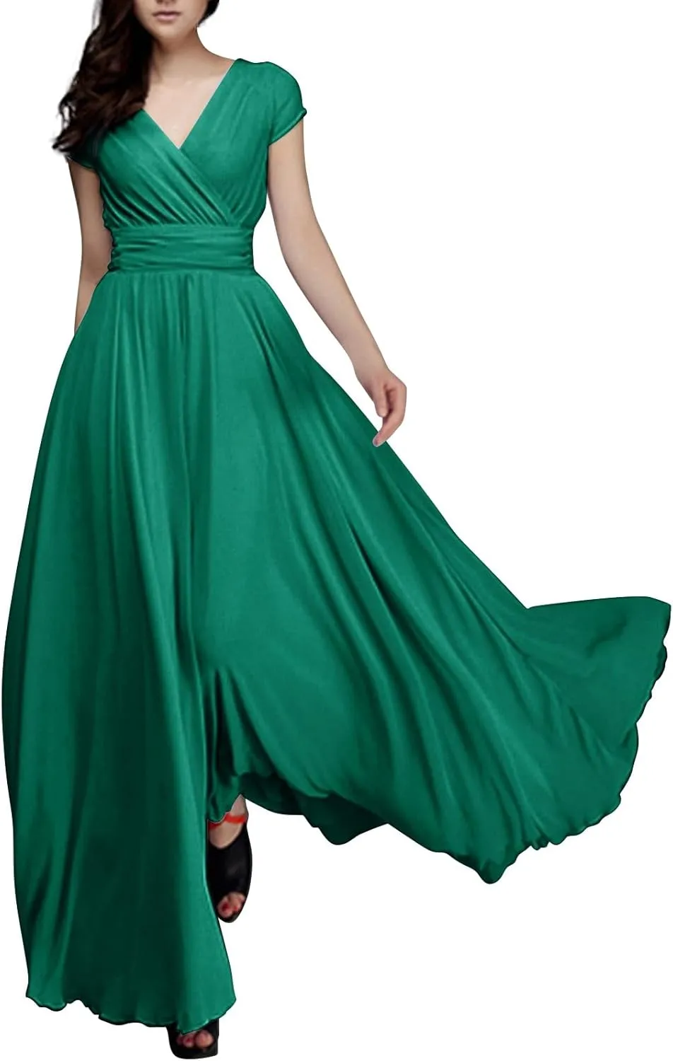 Casual Spring Dresses for Women 2025,Women's Chiffon Solid V Neck Short Sleeve Wedding Guest Dress Cocktail Maxi Dresses
