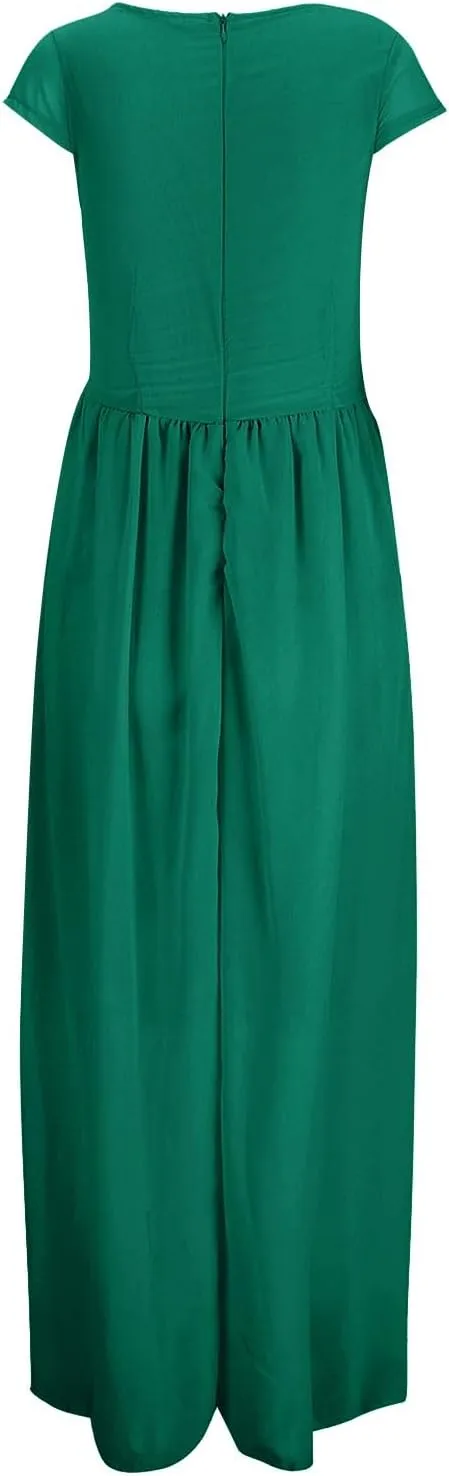 Casual Spring Dresses for Women 2025,Women's Chiffon Solid V Neck Short Sleeve Wedding Guest Dress Cocktail Maxi Dresses