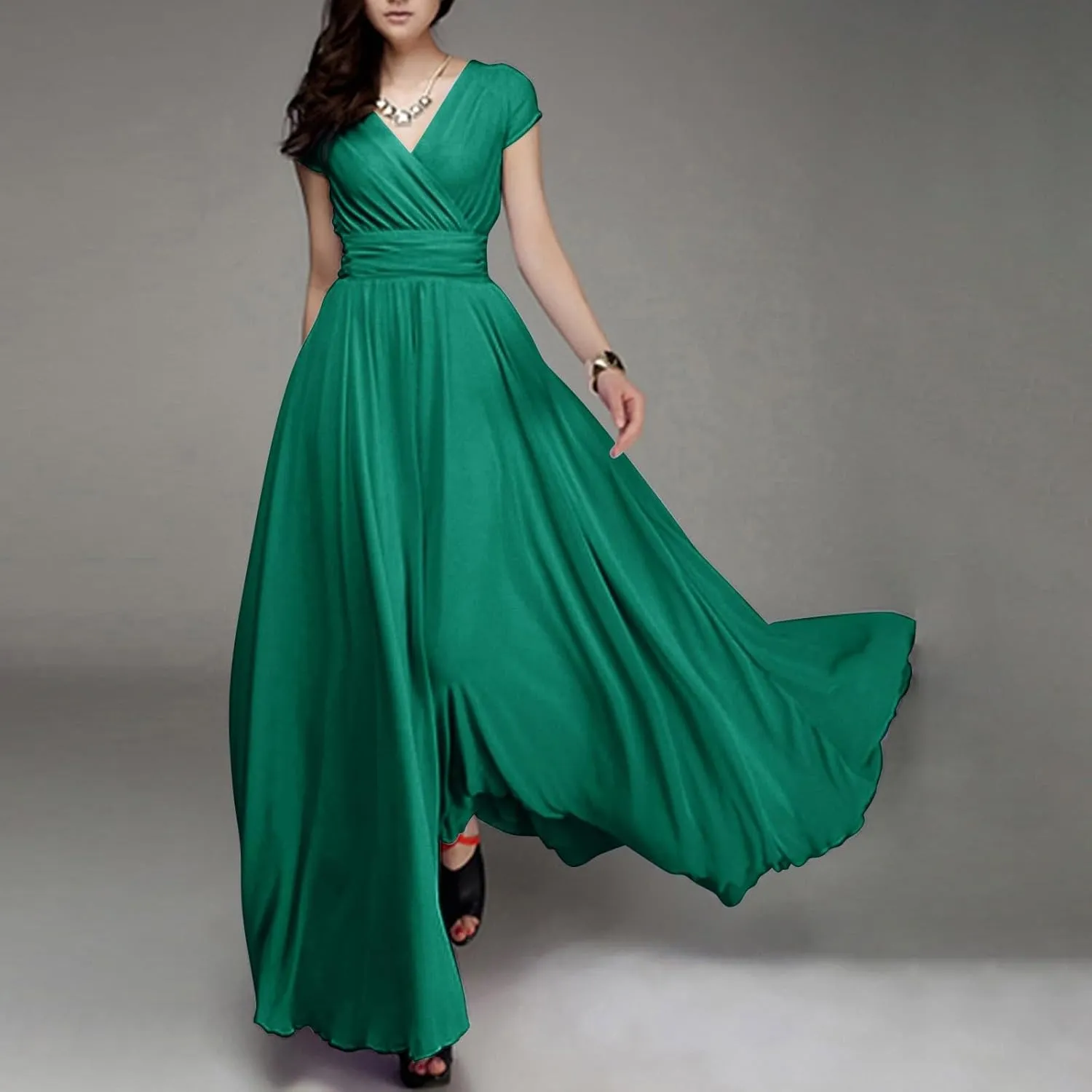Casual Spring Dresses for Women 2025,Women's Chiffon Solid V Neck Short Sleeve Wedding Guest Dress Cocktail Maxi Dresses