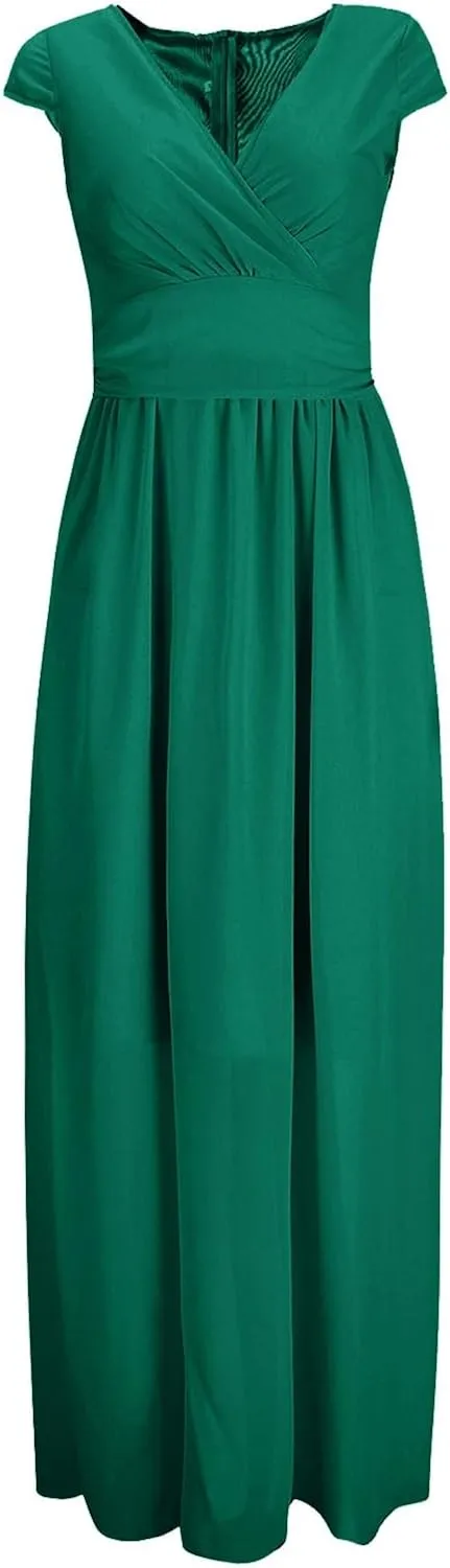 Casual Spring Dresses for Women 2025,Women's Chiffon Solid V Neck Short Sleeve Wedding Guest Dress Cocktail Maxi Dresses