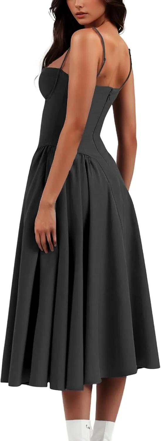 Casual Summer Dresses for Women Spaghetti Strap Midi Dresses Low Cut Bustier Dress with Pockets