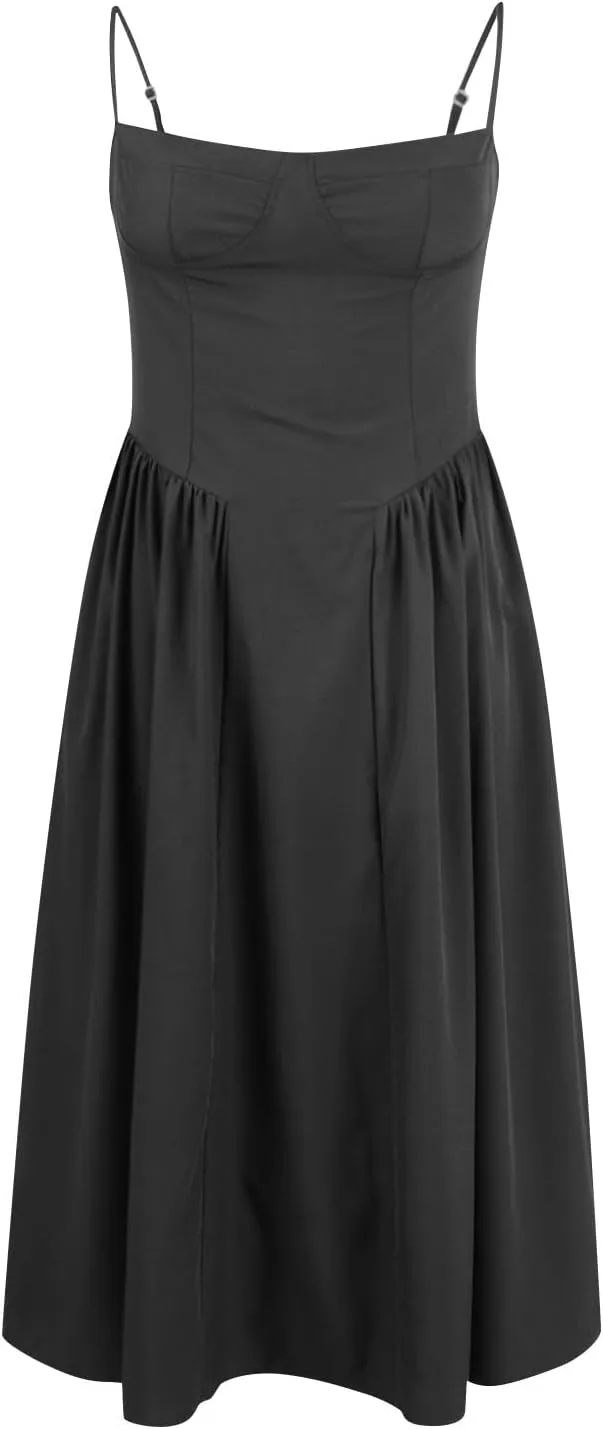 Casual Summer Dresses for Women Spaghetti Strap Midi Dresses Low Cut Bustier Dress with Pockets
