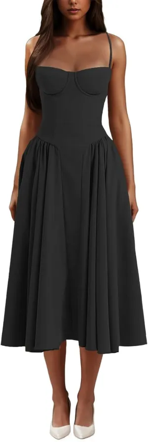 Casual Summer Dresses for Women Spaghetti Strap Midi Dresses Low Cut Bustier Dress with Pockets