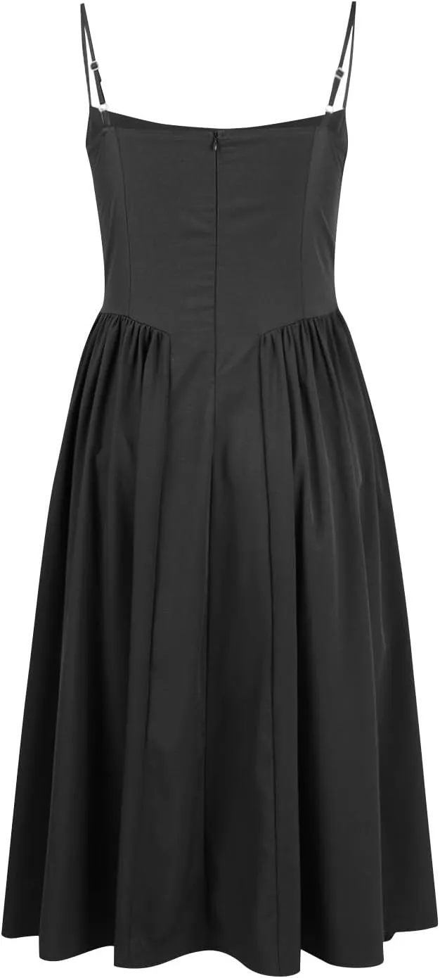 Casual Summer Dresses for Women Spaghetti Strap Midi Dresses Low Cut Bustier Dress with Pockets