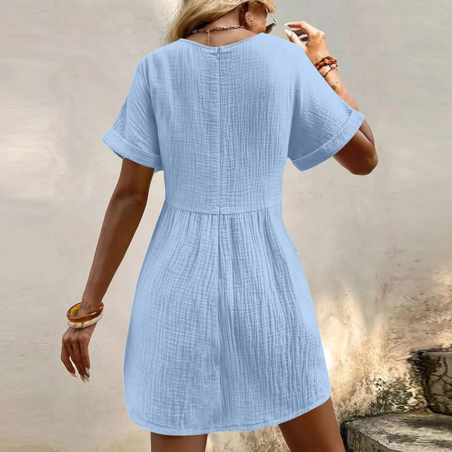 Casual Summer Solid V Neck Dress Short Sleeve Mini Patchwork Pleated Dress Flowy Loose Fit Dress with Pockets