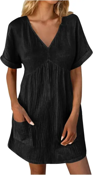 Casual Summer Solid V Neck Dress Short Sleeve Mini Patchwork Pleated Dress Flowy Loose Fit Dress with Pockets