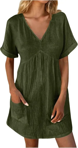 Casual Summer Solid V Neck Dress Short Sleeve Mini Patchwork Pleated Dress Flowy Loose Fit Dress with Pockets