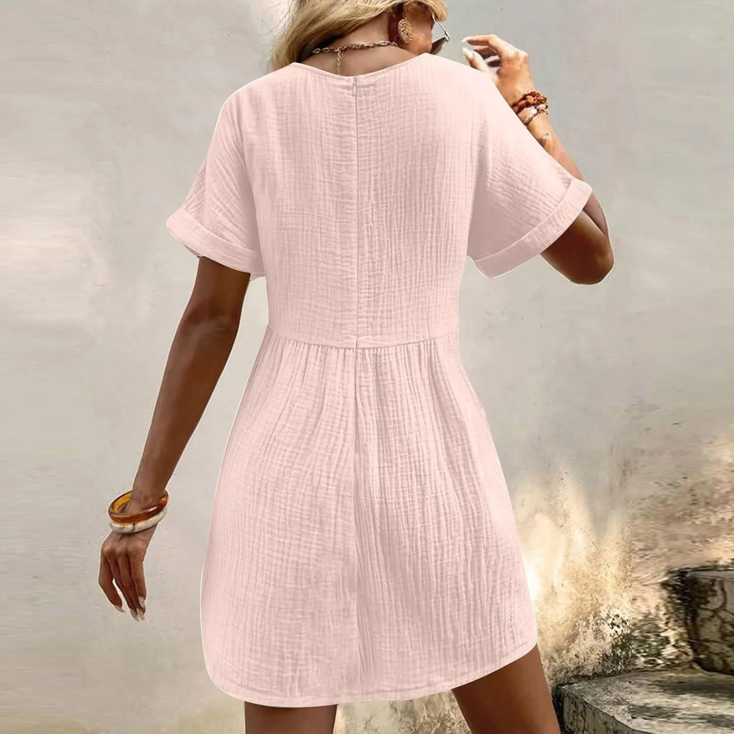Casual Summer Solid V Neck Dress Short Sleeve Mini Patchwork Pleated Dress Flowy Loose Fit Dress with Pockets