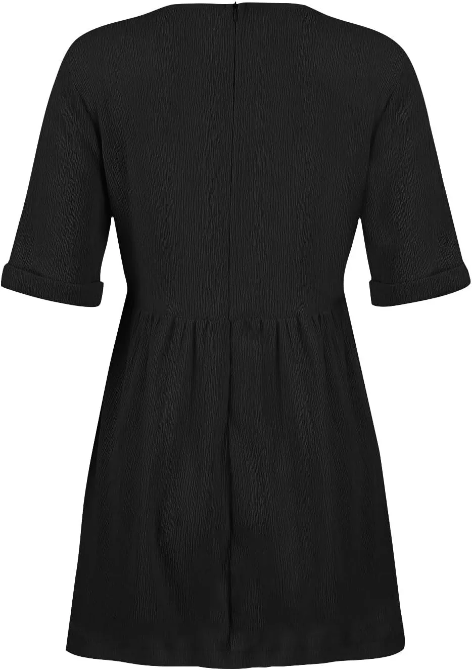 Casual Summer Solid V Neck Dress Short Sleeve Mini Patchwork Pleated Dress Flowy Loose Fit Dress with Pockets