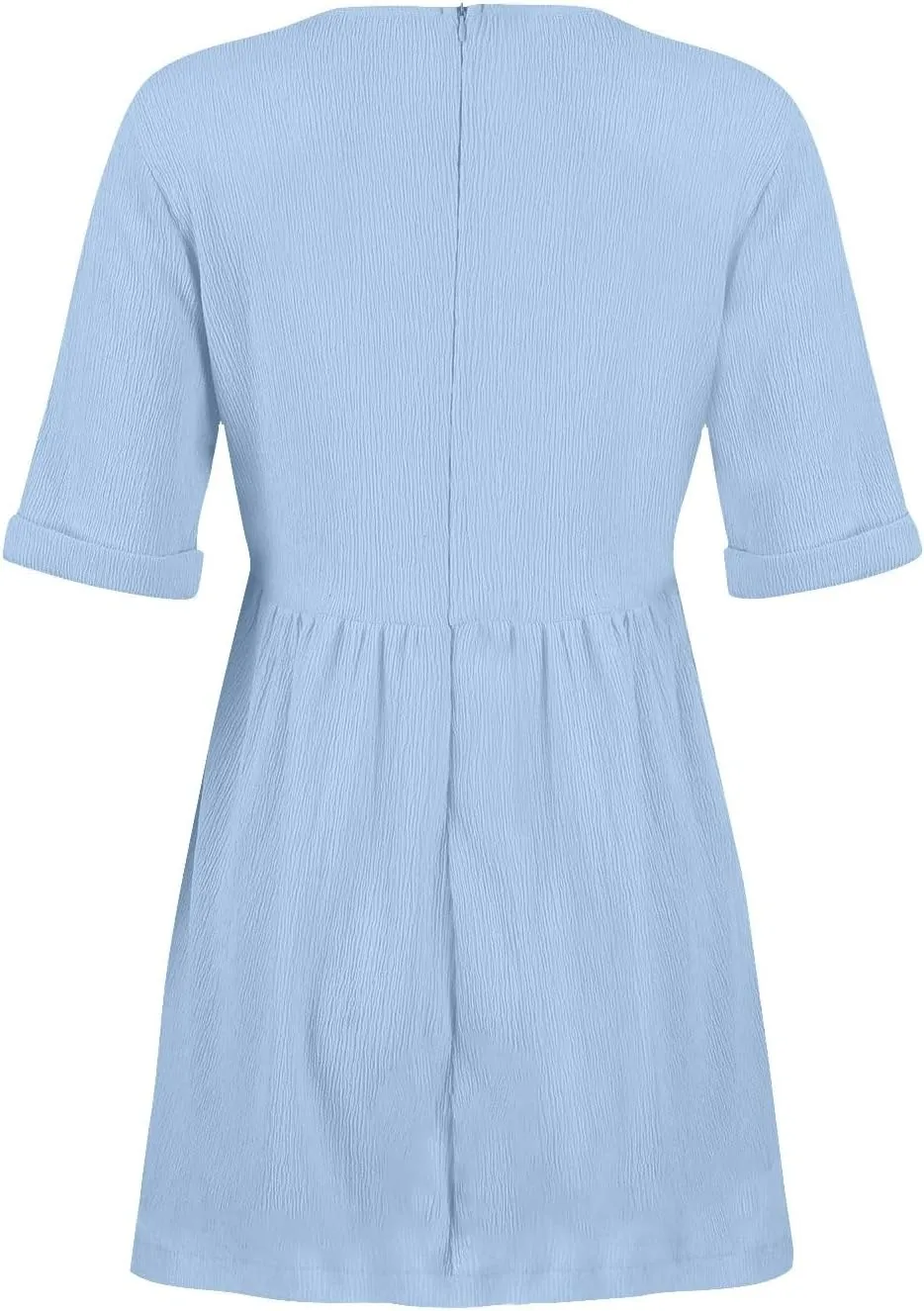 Casual Summer Solid V Neck Dress Short Sleeve Mini Patchwork Pleated Dress Flowy Loose Fit Dress with Pockets