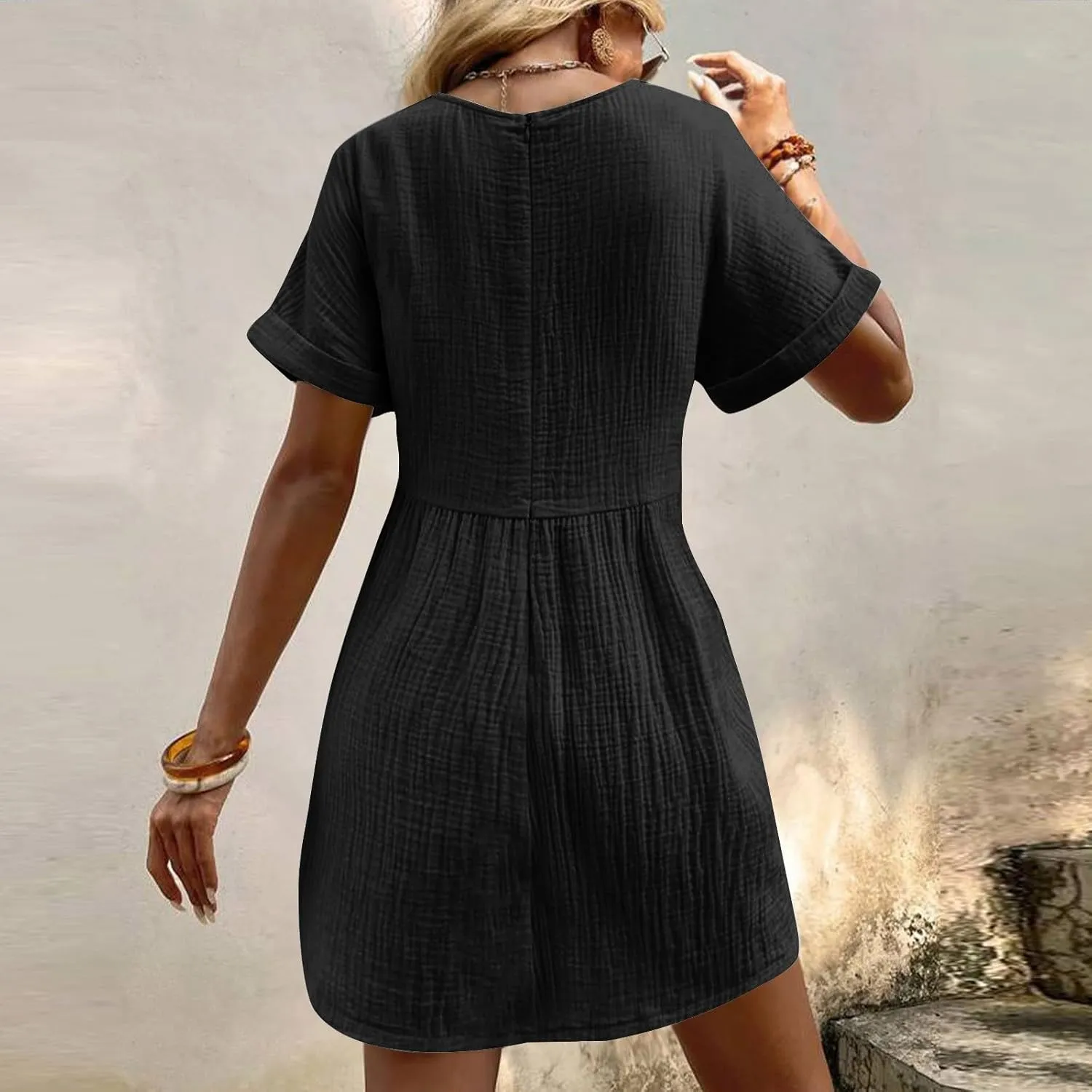 Casual Summer Solid V Neck Dress Short Sleeve Mini Patchwork Pleated Dress Flowy Loose Fit Dress with Pockets