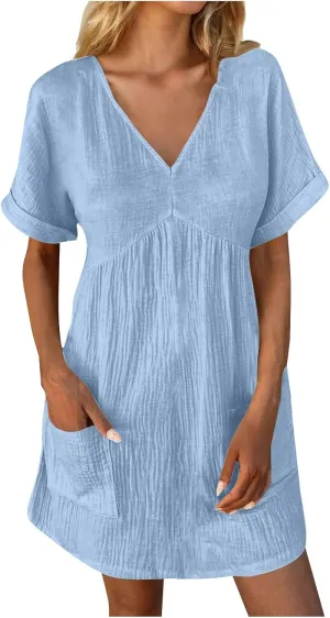 Casual Summer Solid V Neck Dress Short Sleeve Mini Patchwork Pleated Dress Flowy Loose Fit Dress with Pockets